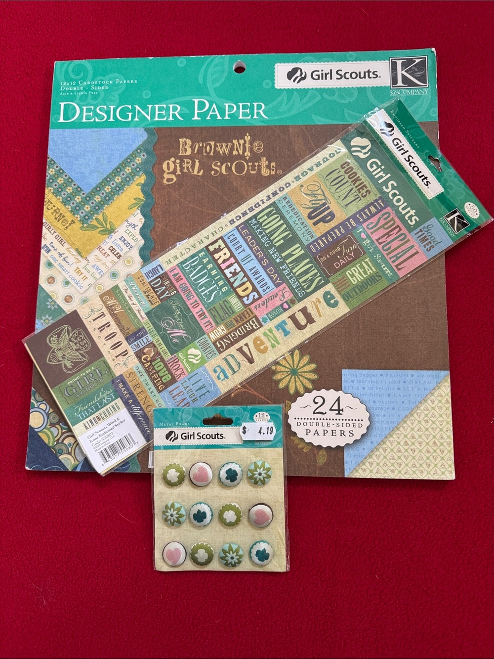 💚NEW Girl Scouts Brownies Rare Scrapbook Designer Paper Brads Cookie Stickers